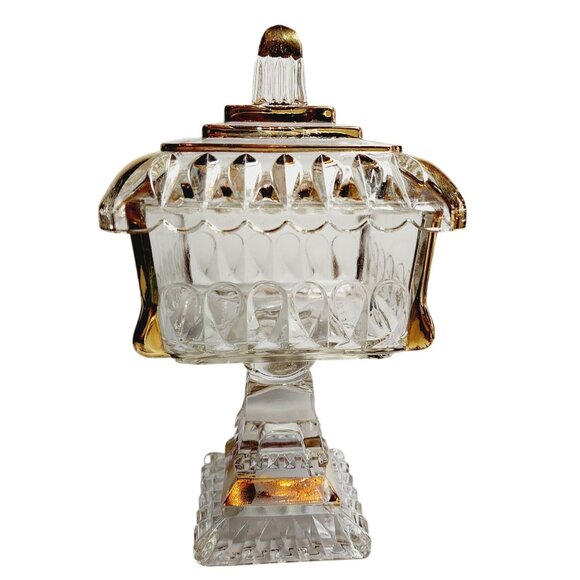 Jeannette Glass Wedding Bowl Lidded Pedestal Candy Dish Trinket Gold Trim - Picture 3 of 11